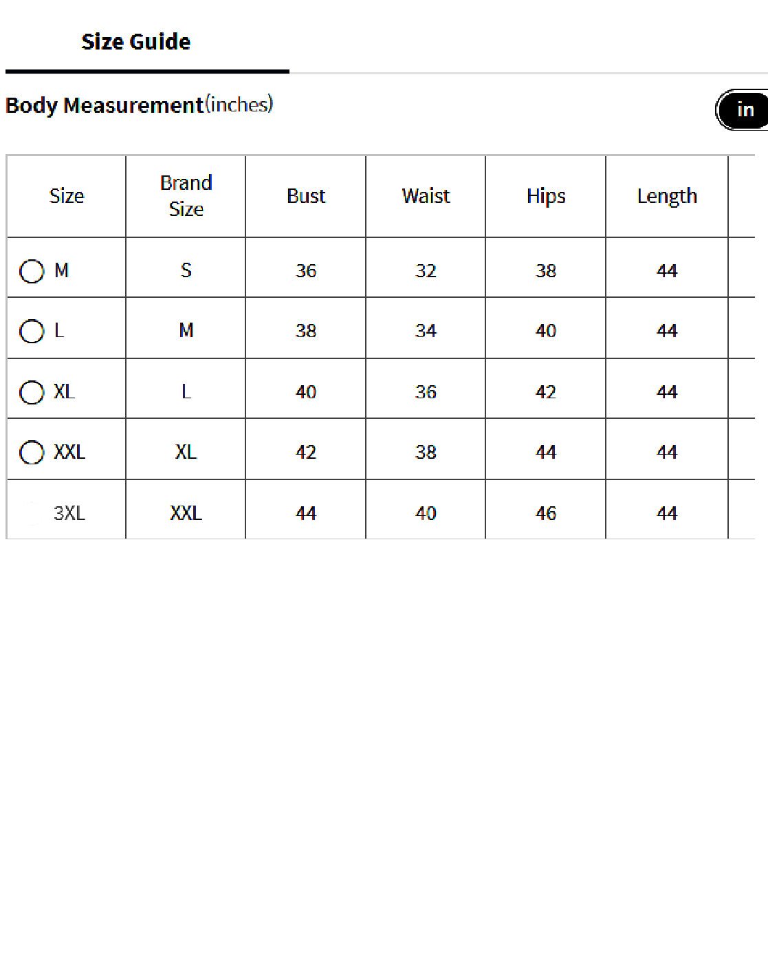 Size guide for Aromie Embroidered Silk Anarkali Kurta Set with measurements for M, L, XL, XXL, and 3XL