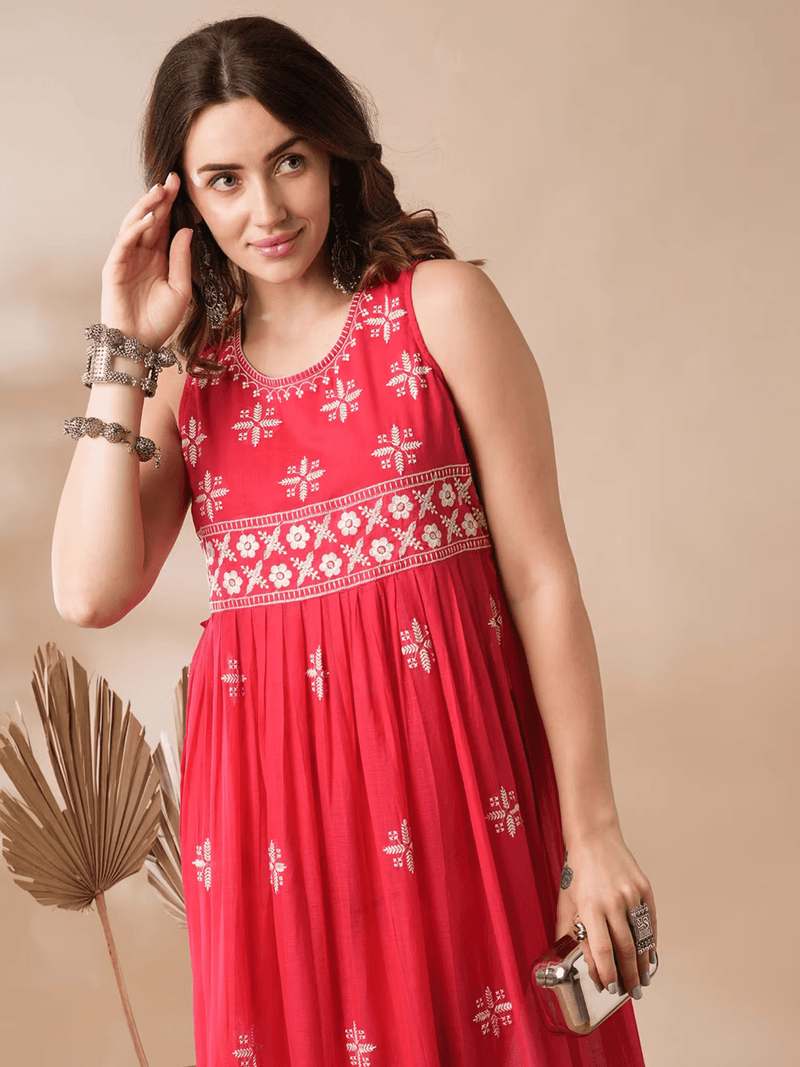 Embroidered Sleeveless Cotton A - Line Kurta Set with Palazzo & Dupatta - aromie