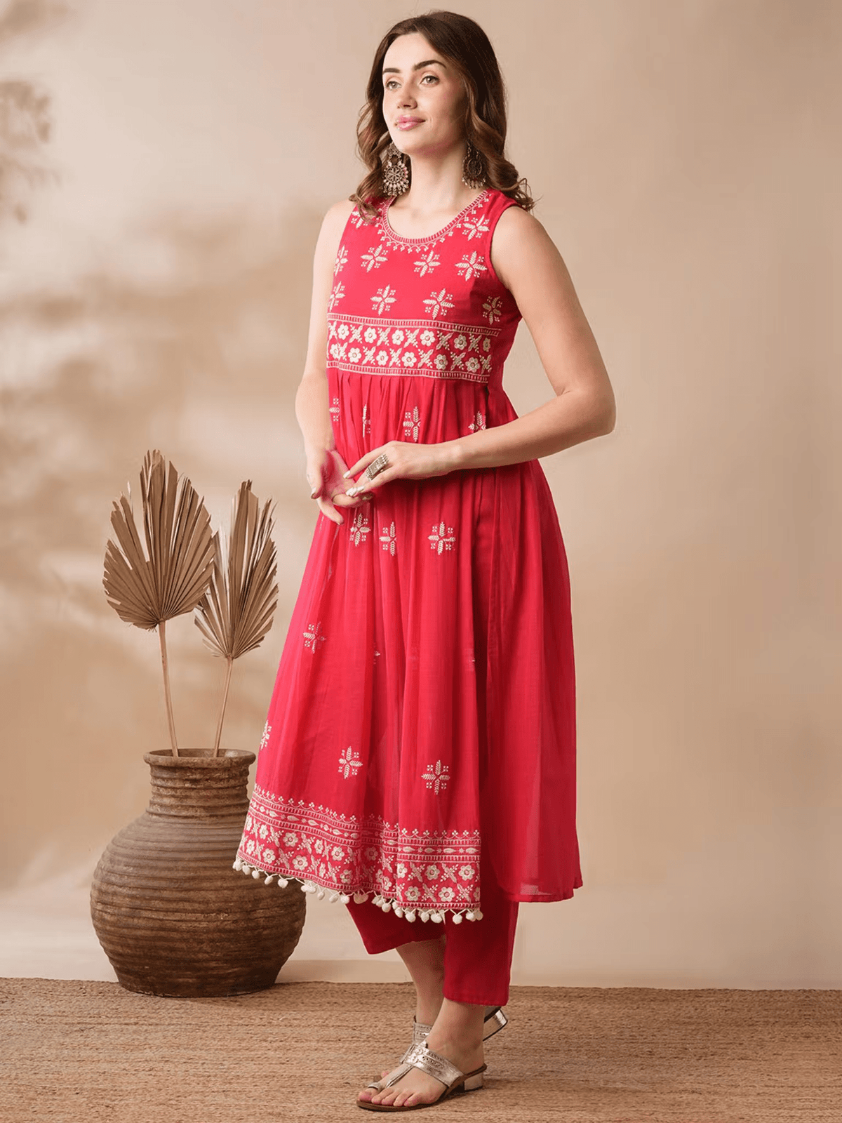 Embroidered Sleeveless Cotton A - Line Kurta Set with Palazzo & Dupatta - aromie