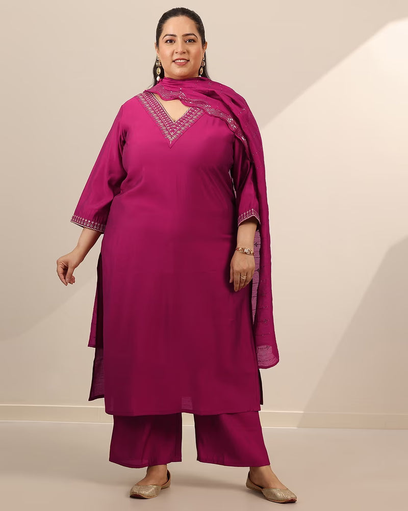 Embroidered straight kurta set for women in vibrant magenta with matching pants and dupatta