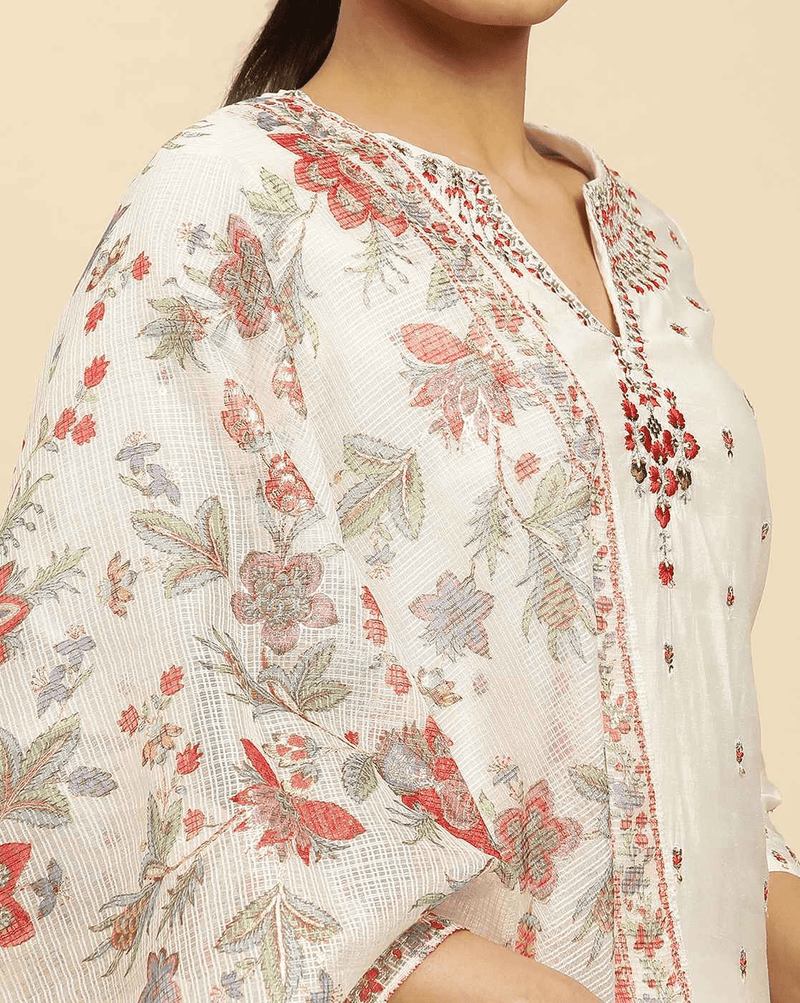 Embroidered Straight Kurta Set with Pants & Chanderi Dupatta – Easy Wash 3 - Piece Outfit for Women - aromie
