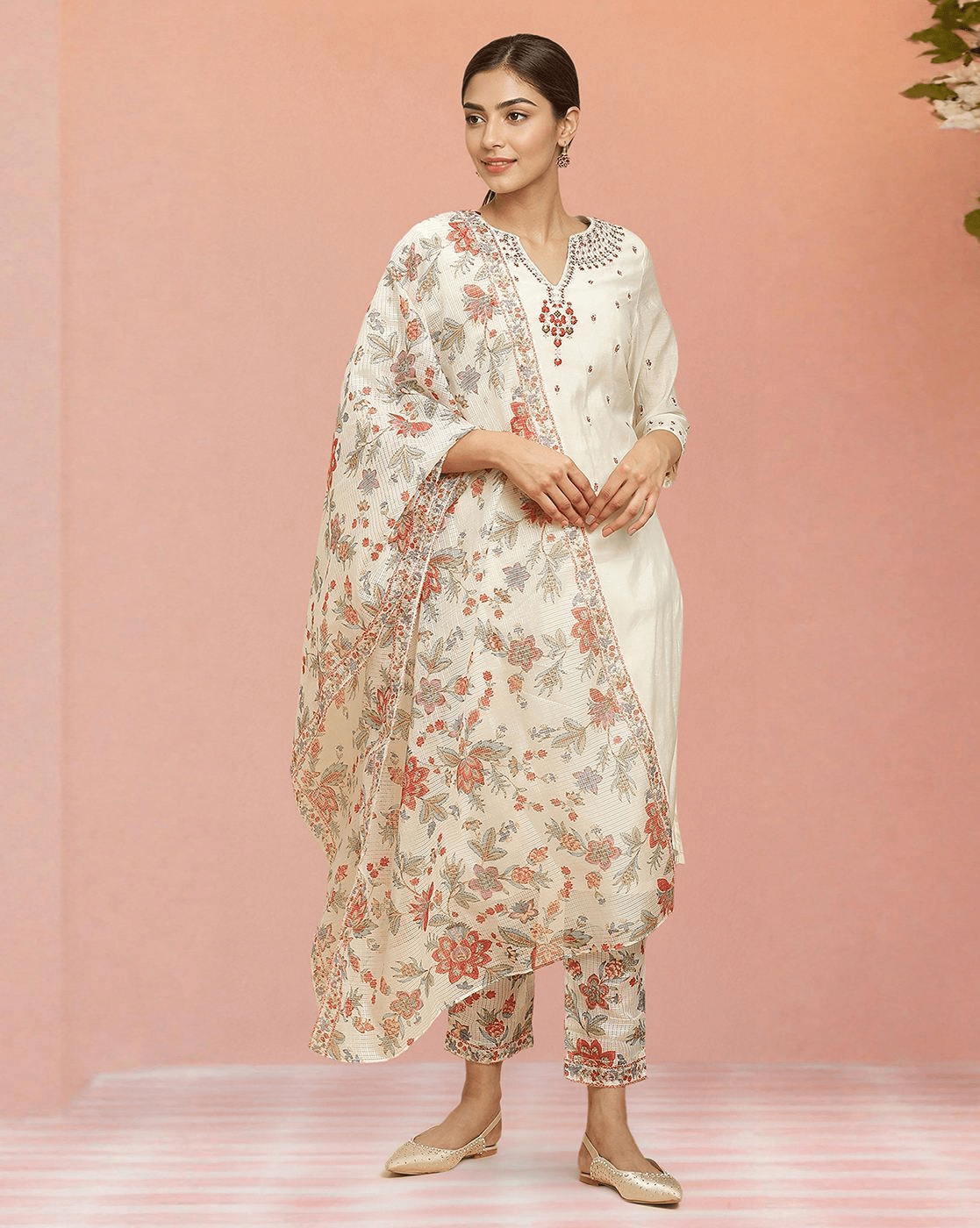 Embroidered Straight Kurta Set with Pants & Chanderi Dupatta – Easy Wash 3 - Piece Outfit for Women - aromie