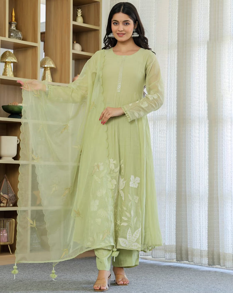 Aromie embroidery A-line kurta set in light green with embellished floral designs and matching pants