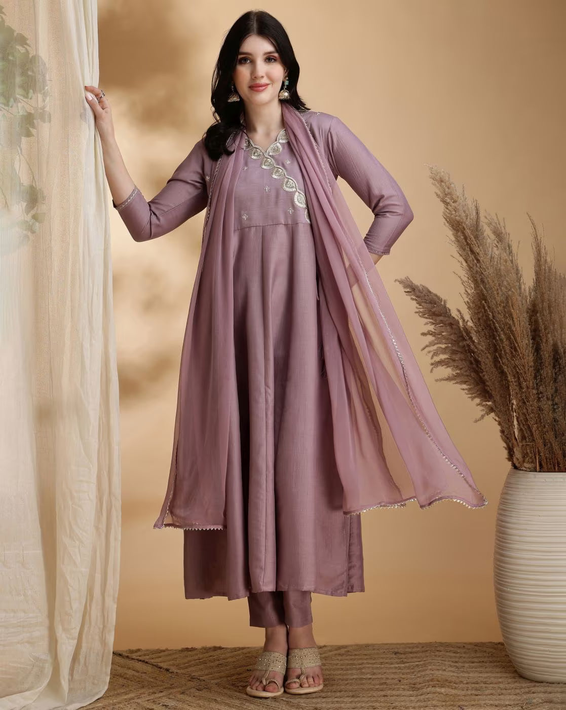 Stylish Embroidery Anarkali Kurta Set Canada in lavender with matching dupatta and elegant detailing