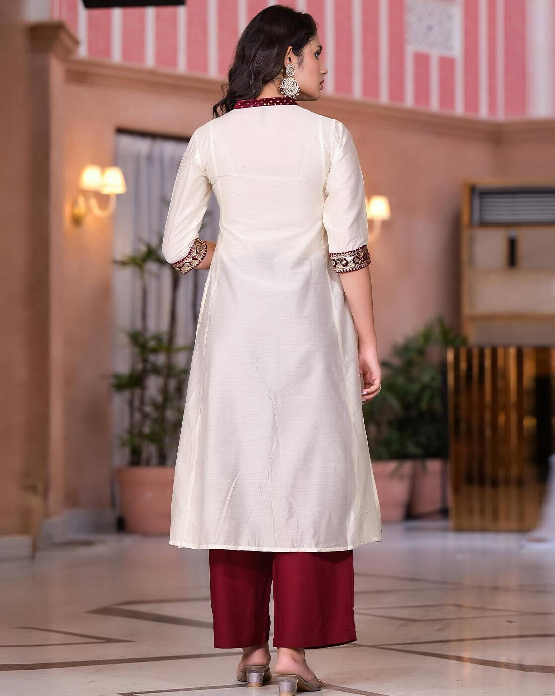 Aromie three piece women's floral cotton kurta set ivory long kurta with maroon palazzo pants back view