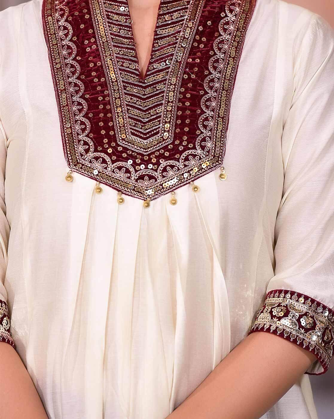 Aromie three piece women's floral cotton kurta cream with maroon embroidered yoke cuffs pleated front and bead tassels
