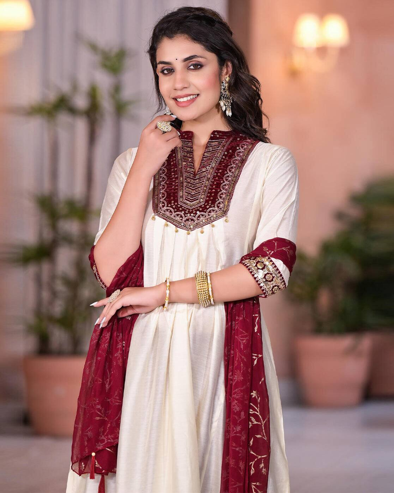 Aromie three piece women's floral cotton kurta set in cream with maroon embroidered yoke and dupatta