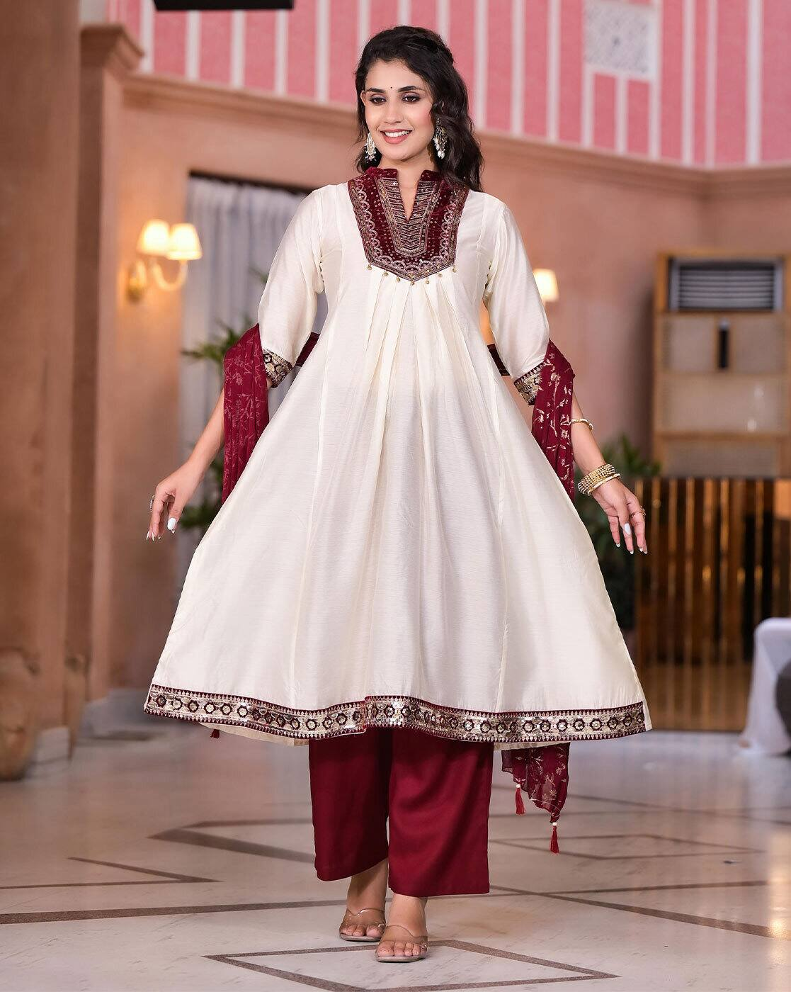 Aromie three piece women's floral cotton kurta set ivory Anarkali style kurta with maroon pants and dupatta