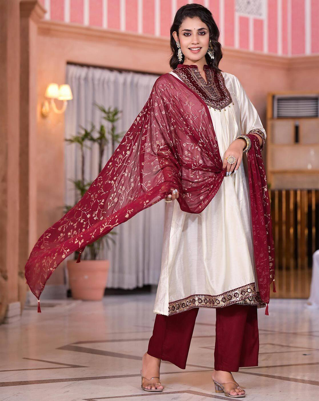 aromie three piece set women's floral cotton kurta ivory kurta with maroon embroidered neckline dupatta and pants