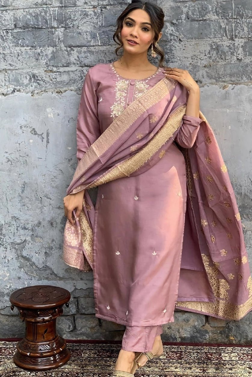 Elegant ethnic embroidered Chanderi kurta set in soft pink with intricate detailing and matching dupatta