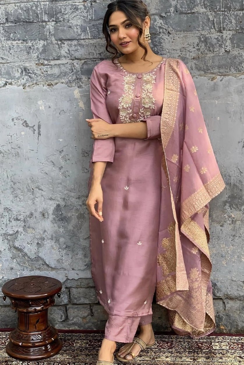 Ethnic embroidered Chanderi kurta set in mauve with intricate detailing and matching dupatta