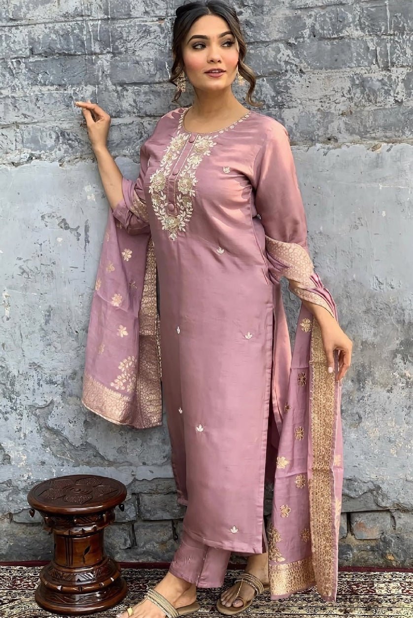 Ethnic embroidered Chanderi kurta set in soft pink with intricate detailing and elegant sleeves