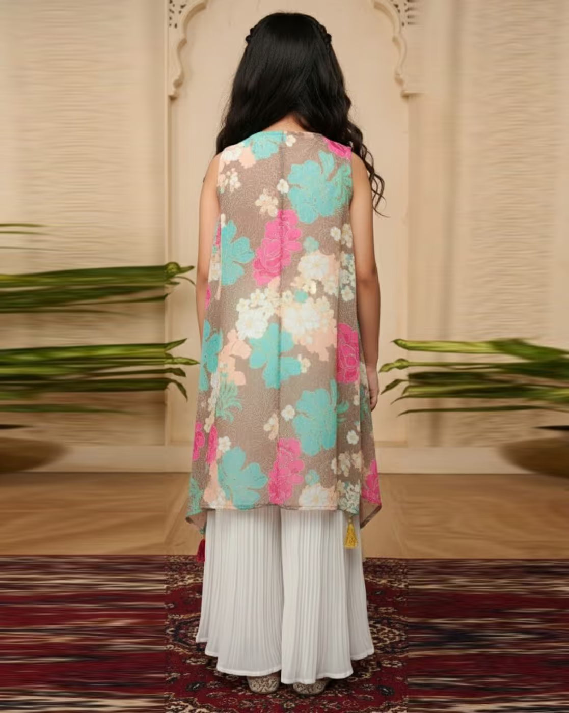 Aromie Ethnic Kurta Set for Girls Canada featuring colorful floral design and white palazzo pants, perfect for festive occasions.
