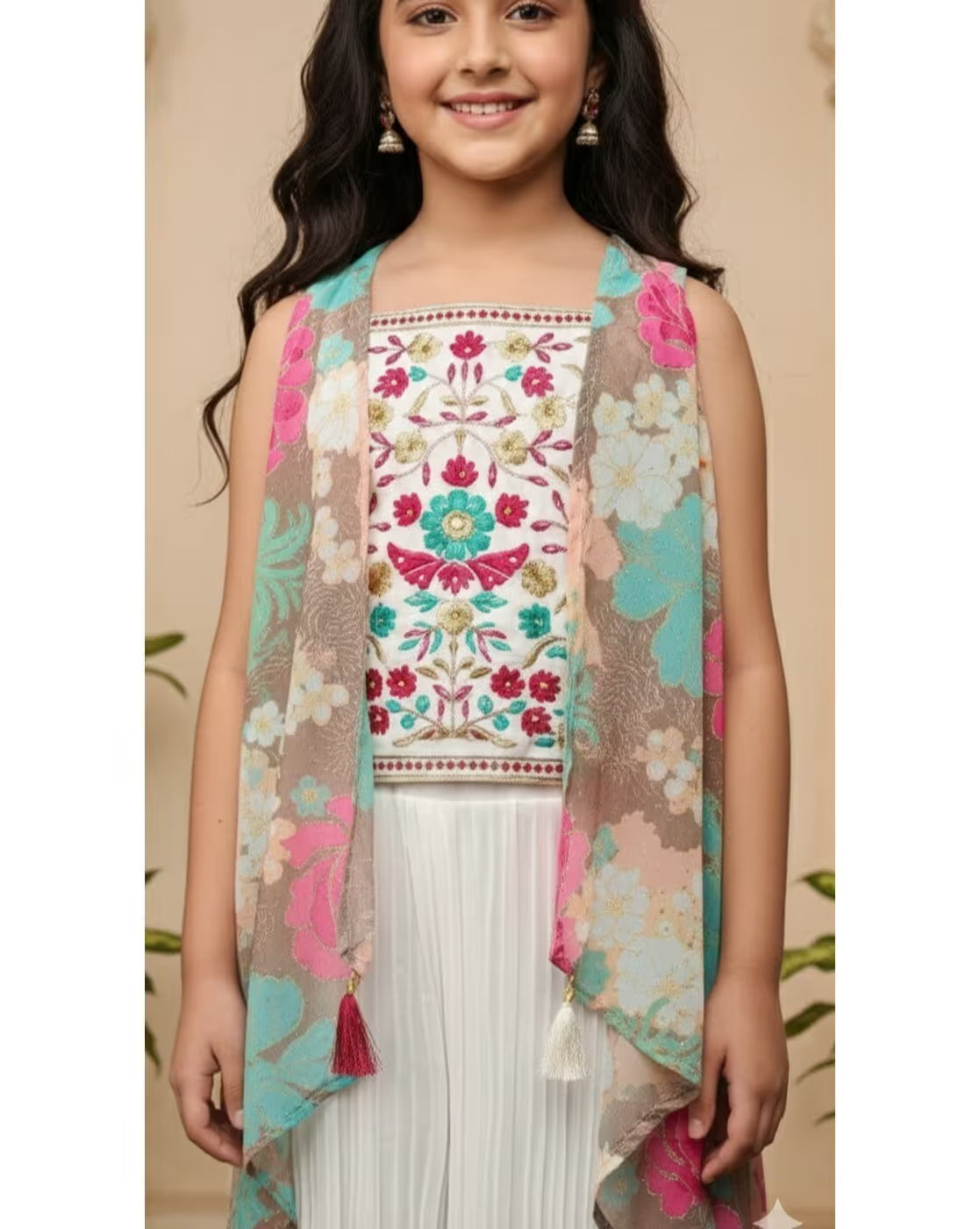 Aromie Girls Ethnic Kurta Set for Girls Canada featuring a floral embroidered top and lightweight layered jacket for festive occasions