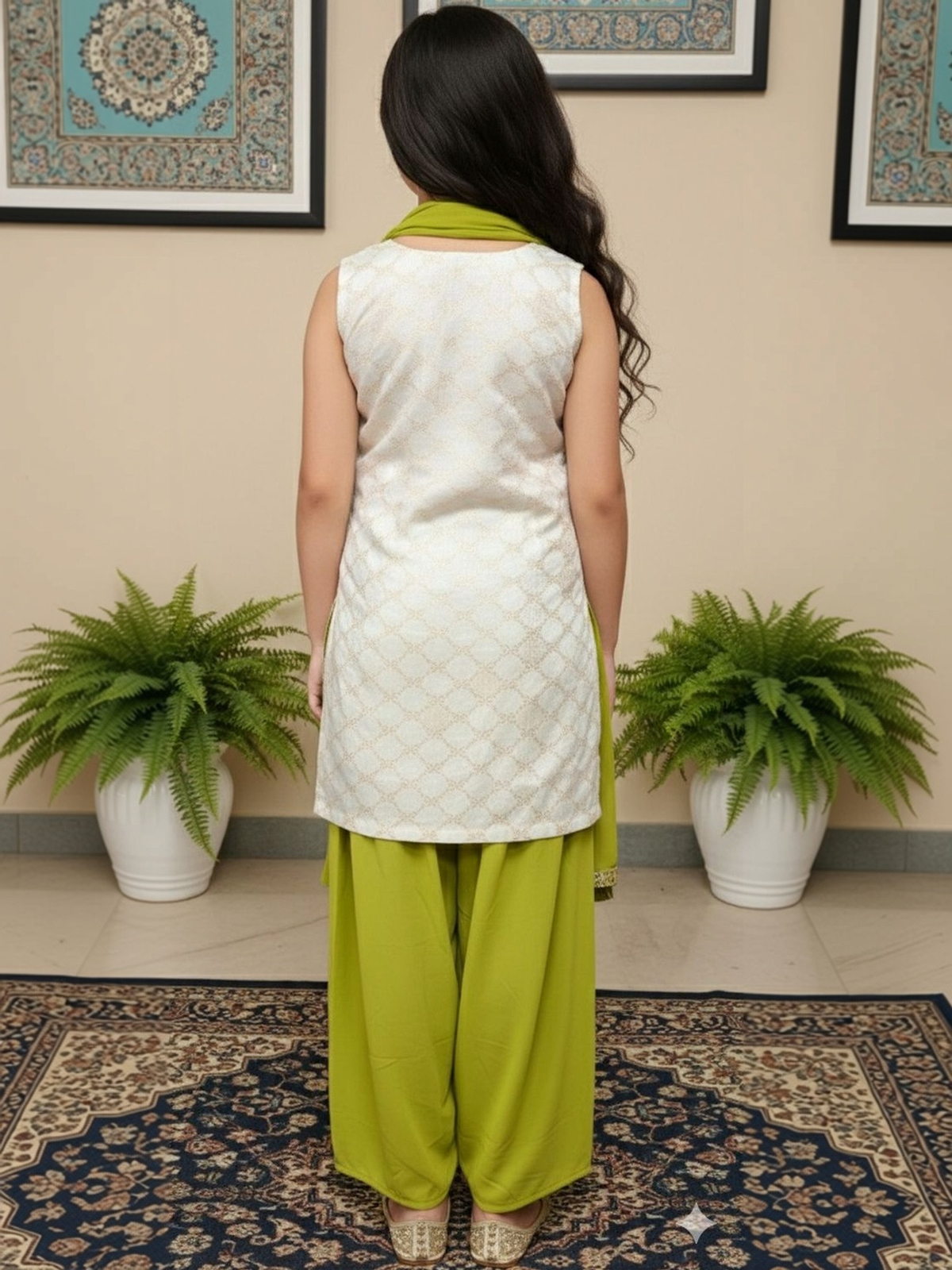 Back view of Ethnic Kurta Set for Girls Canada in white and green fabric, ideal for festive occasions