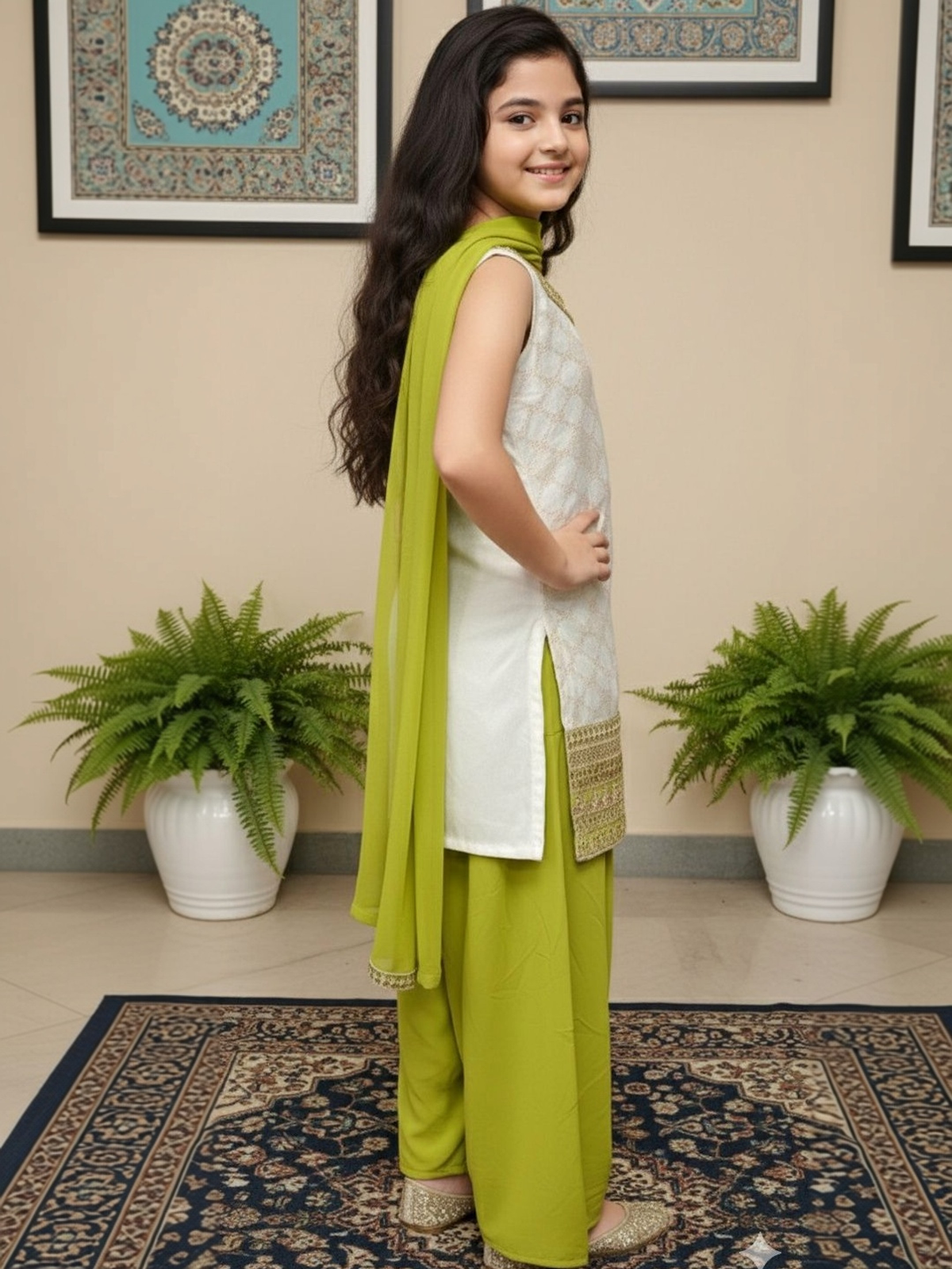 Girls Ethnic Kurta Set in Lime Green with Detailed Hem, Perfect for Celebrations in Canada