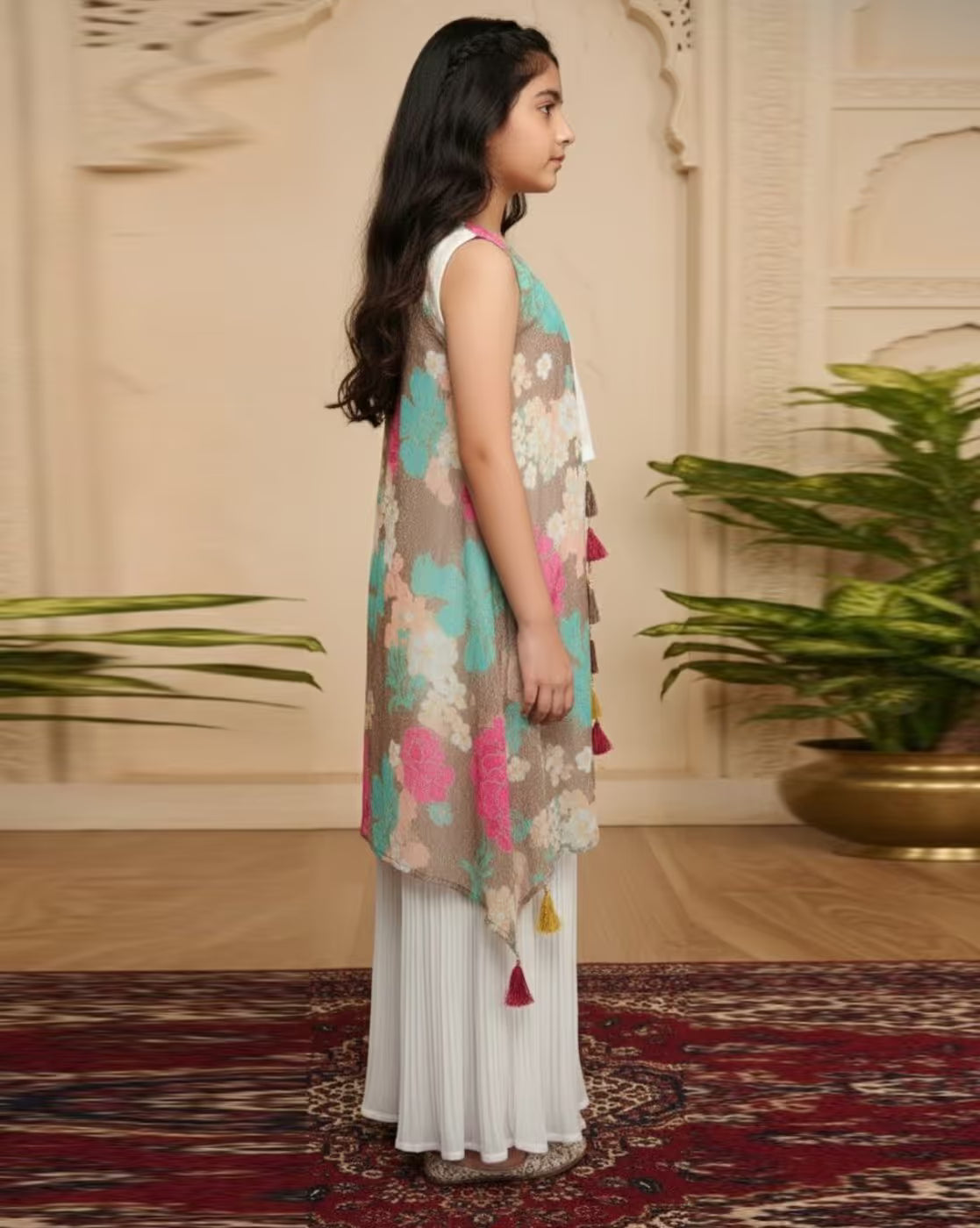 Side view of Aromie Ethnic Kurta Set for Girls Canada featuring a colorful floral kurta and white palazzo pants