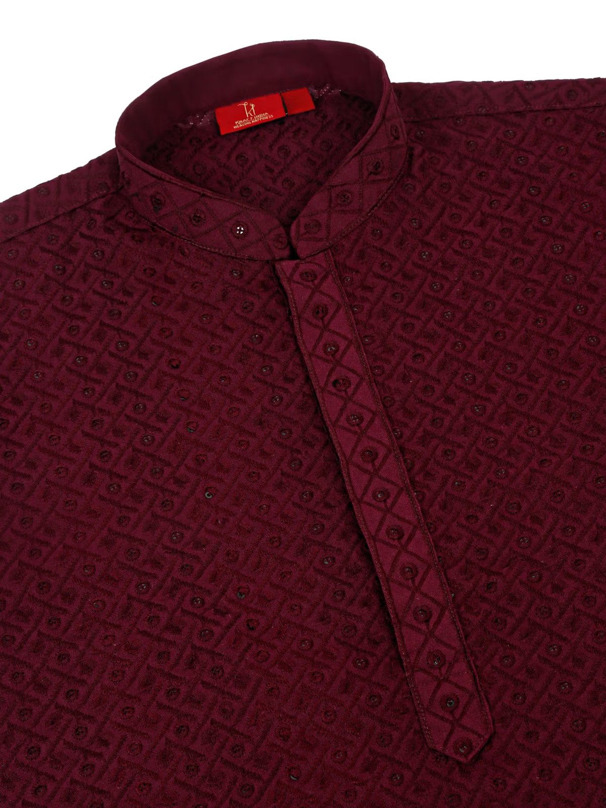 AROMIE men's burgundy embroidered kurta set with mandarin collar and geometric textured embroidery
