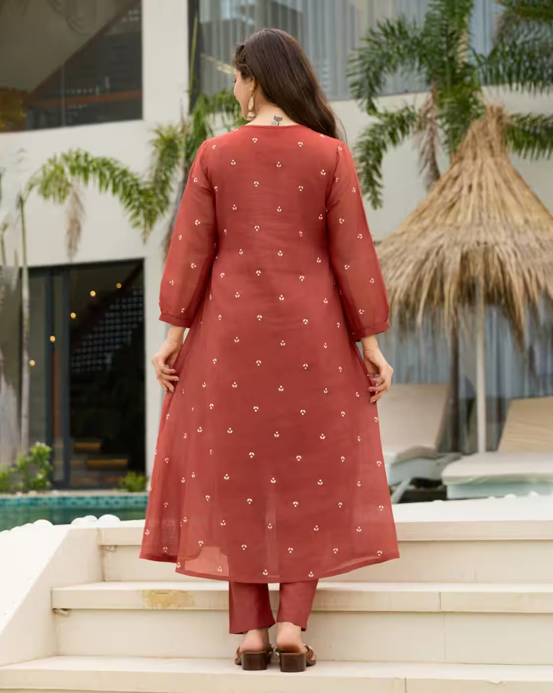Aromie Floral Rayon Kurta Set back view rust red three piece kurta with small floral prints and straight pants