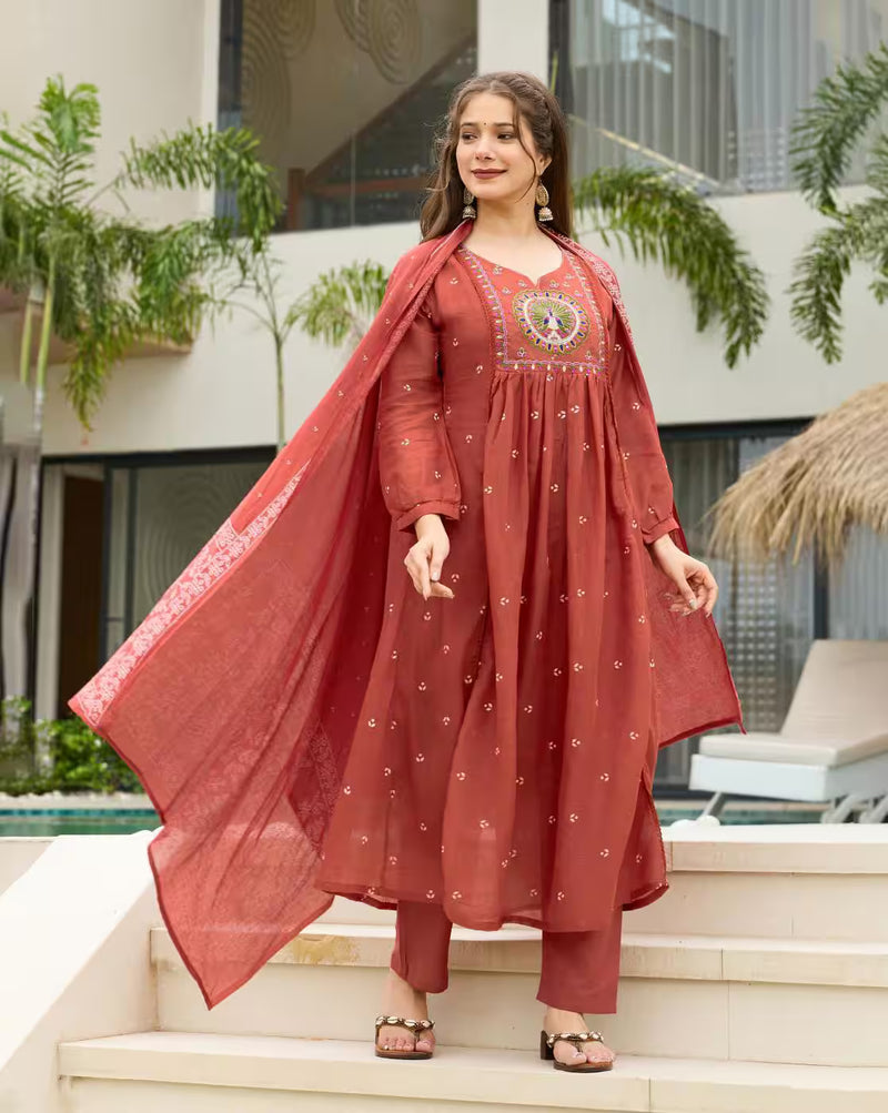 Aromie Floral Rayon Kurta Set three piece rust embroidered yoke with matching dupatta and pants