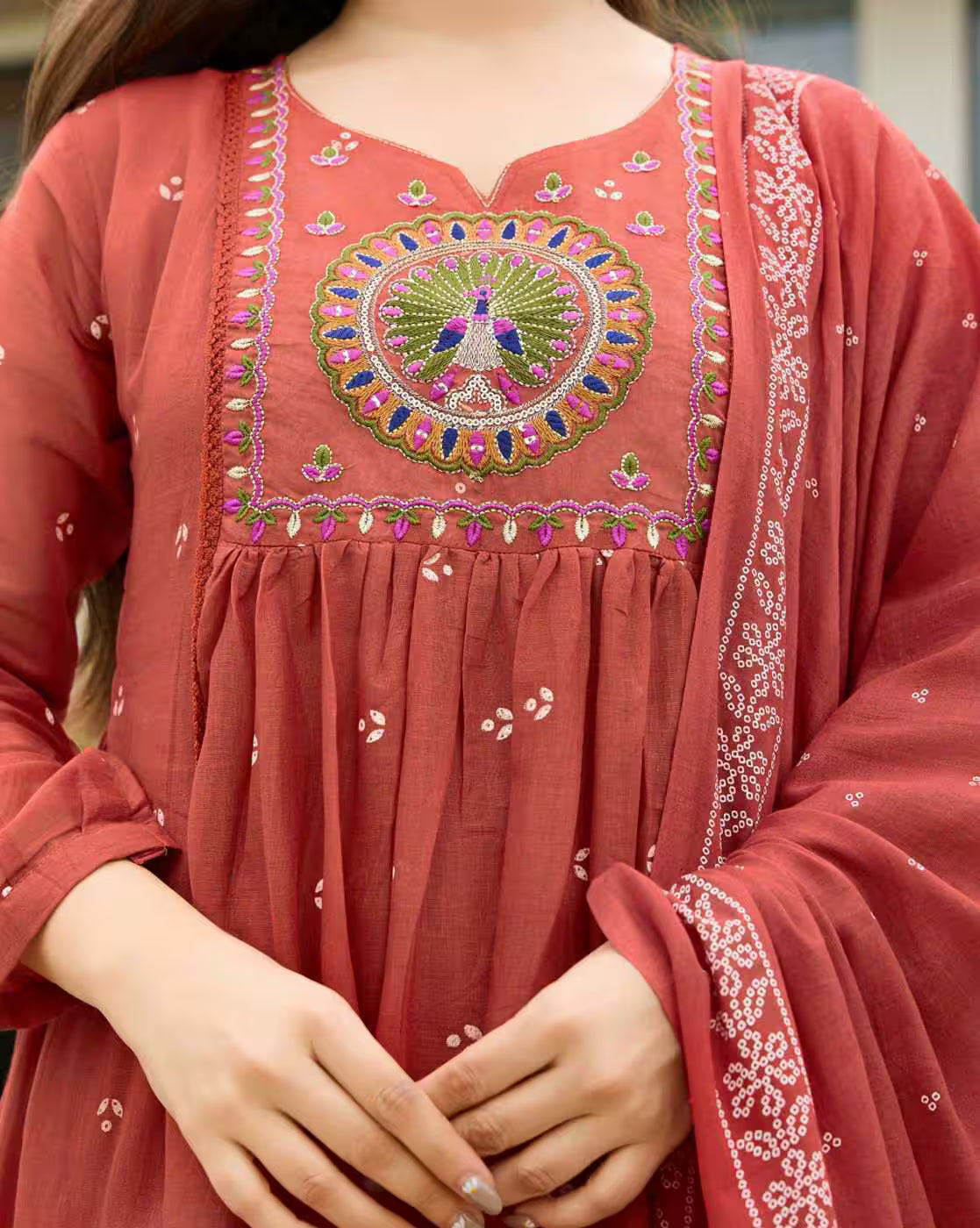 aromie three piece Floral Rayon Kurta Set in rust with intricate peacock embroidery on yoke and dupatta