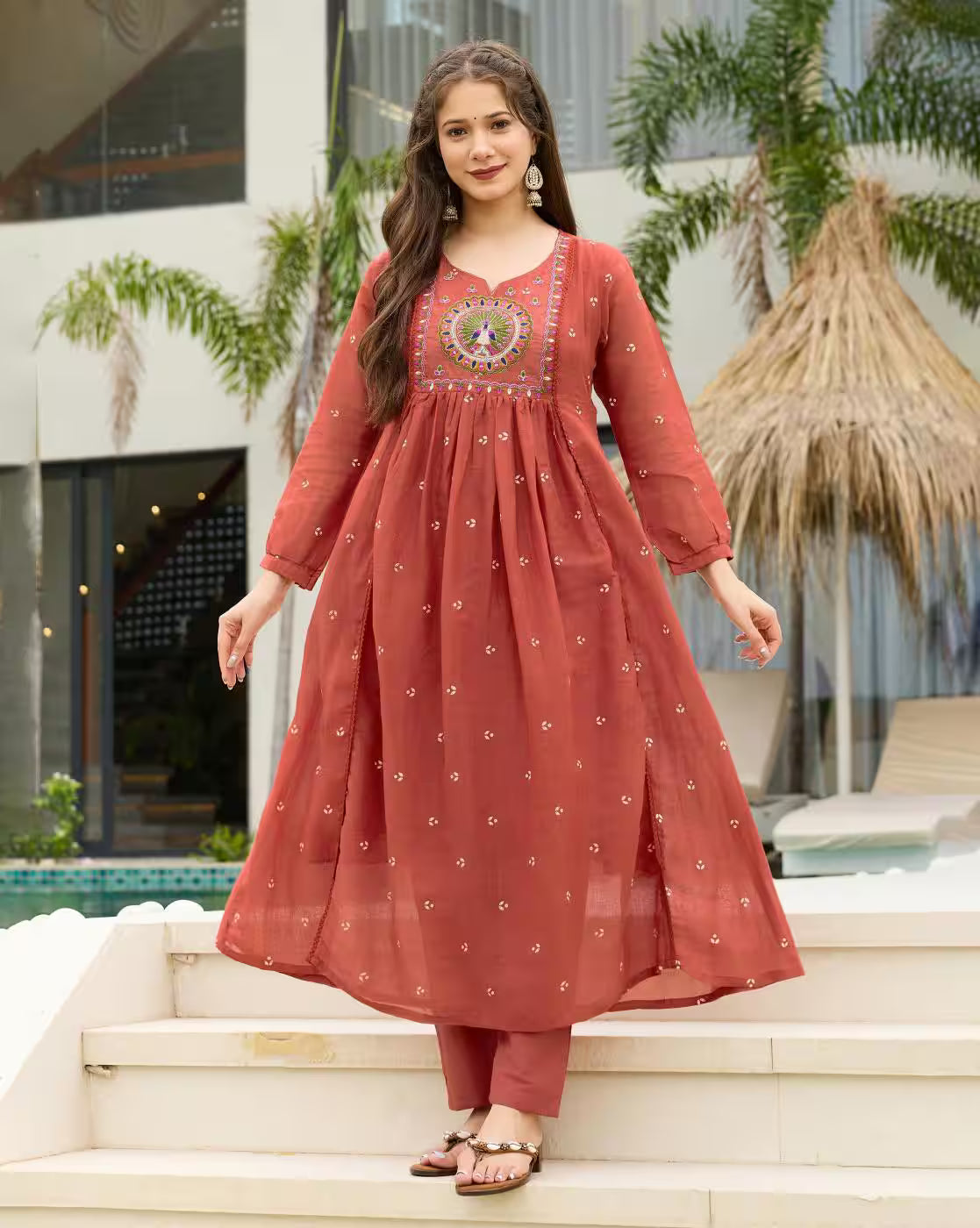 Aromie three piece Floral Rayon Kurta Set in rust with embroidered yoke small print and matching pants