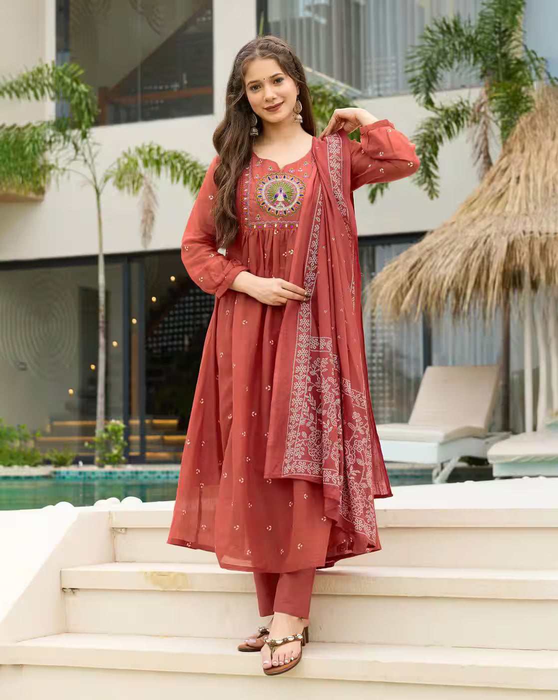 Floral Rayon Kurta Set three piece rust embroidered kurta with printed dupatta and straight pants by aromie