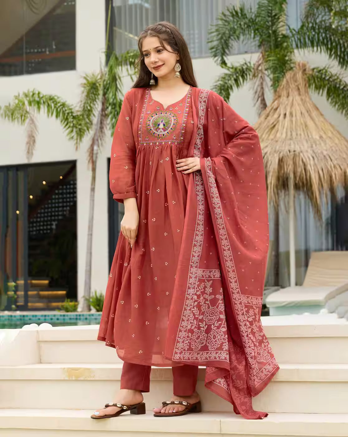 Aromie three piece Floral Rayon Kurta Set terracotta embroidered yoke matching dupatta and straight pants