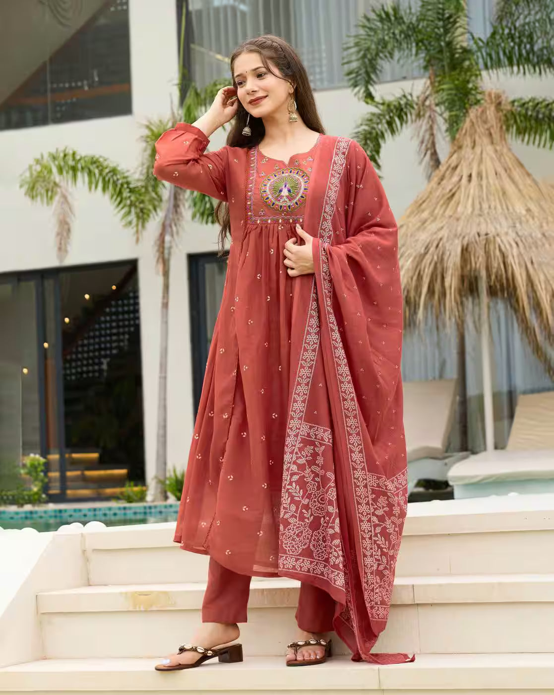 Aromie three piece Floral Rayon Kurta Set rust red embroidered kurta with matching pants and dupatta