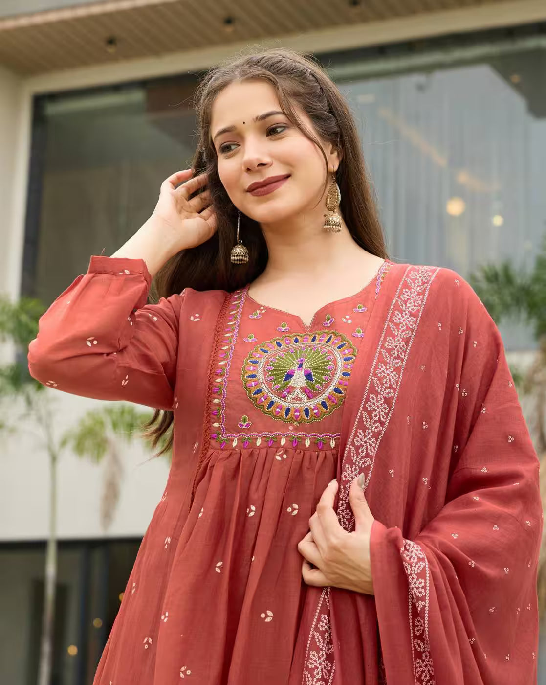 Aromie Floral Rayon Kurta Set three piece rust embroidered kurta with matching dupatta and jhumka earrings