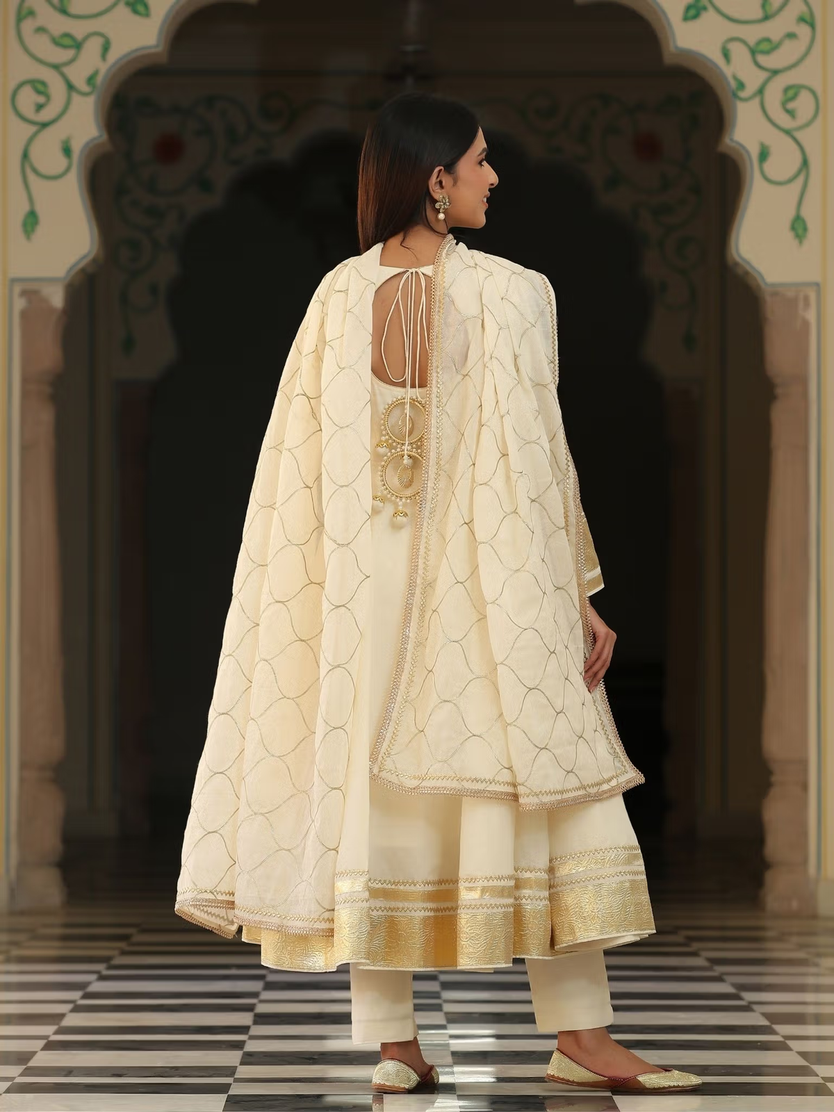 Aromie three piece kurtha cream embroidered cape with back tie and gold border affordable kurti set Canada