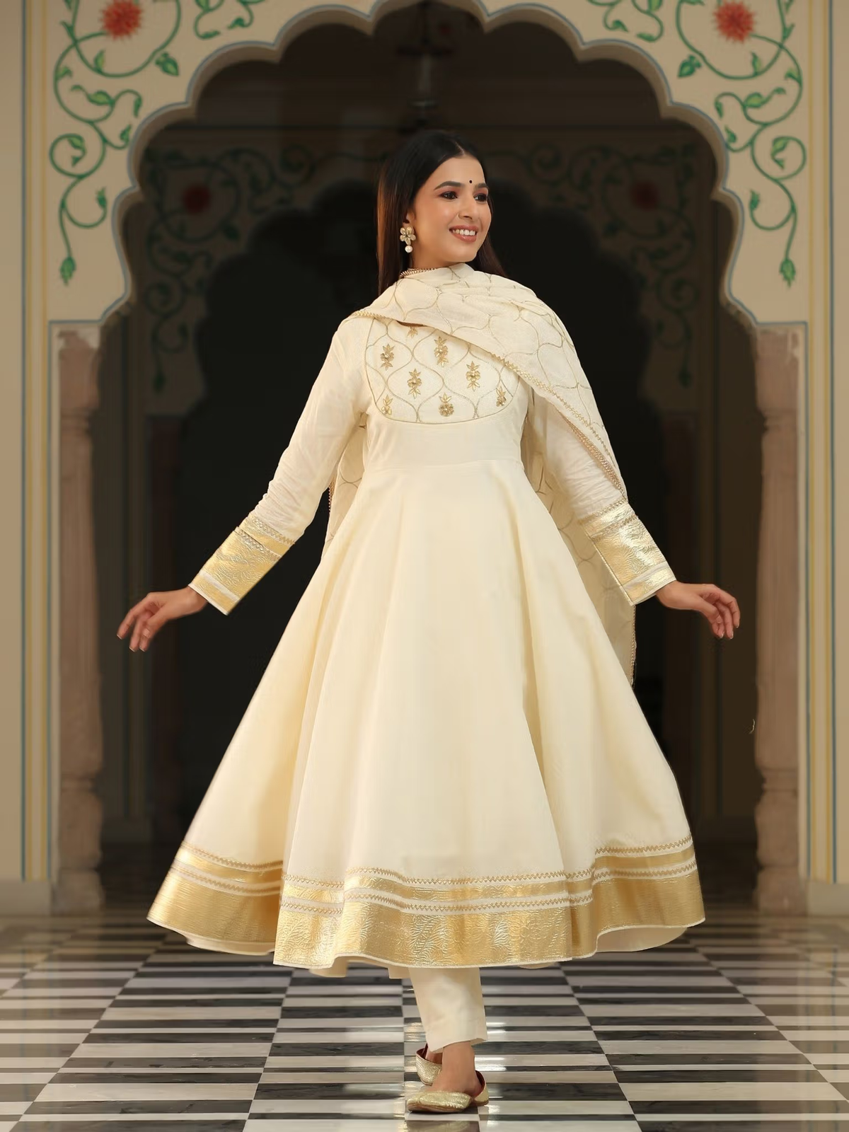 Aromie three piece Kurtha cream anarkali dress with gold embroidery dupatta and pants affordable kurti set Canada