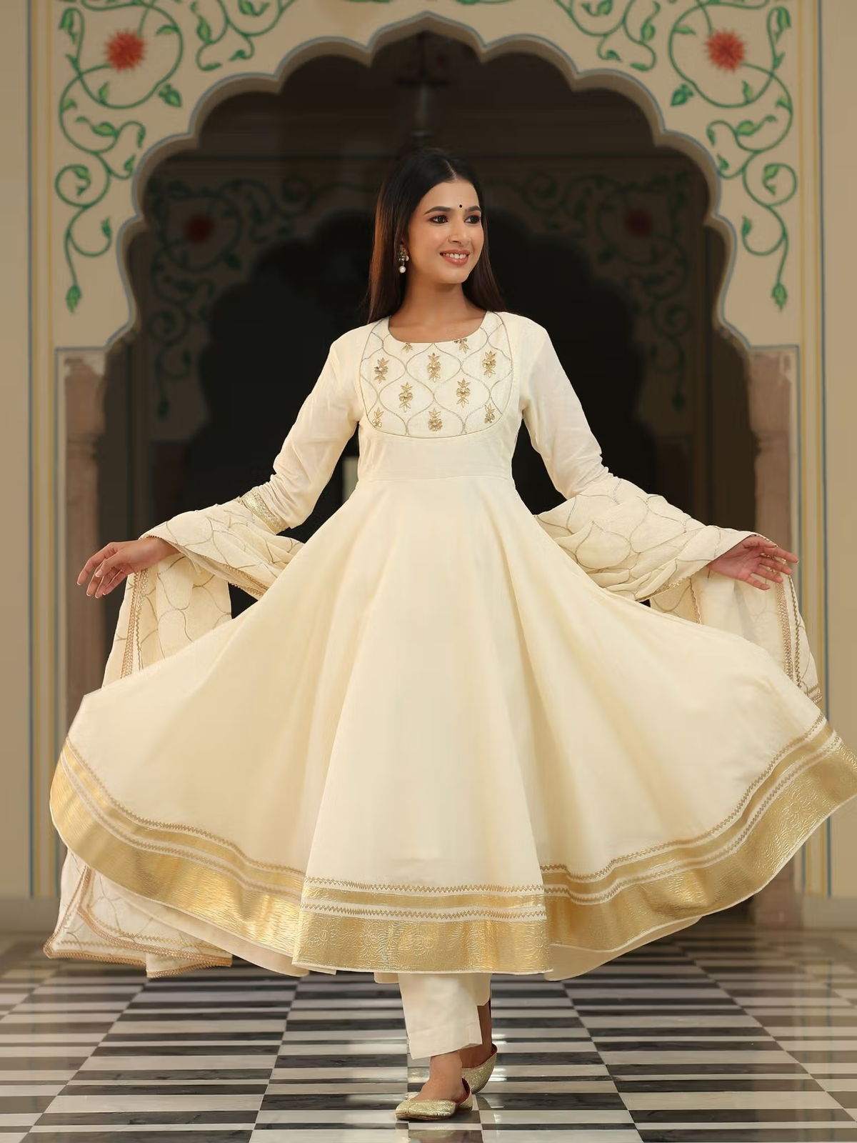 Aromie three piece Kurtha set cream anarkali style with gold border and dupatta affordable kurti set Canada