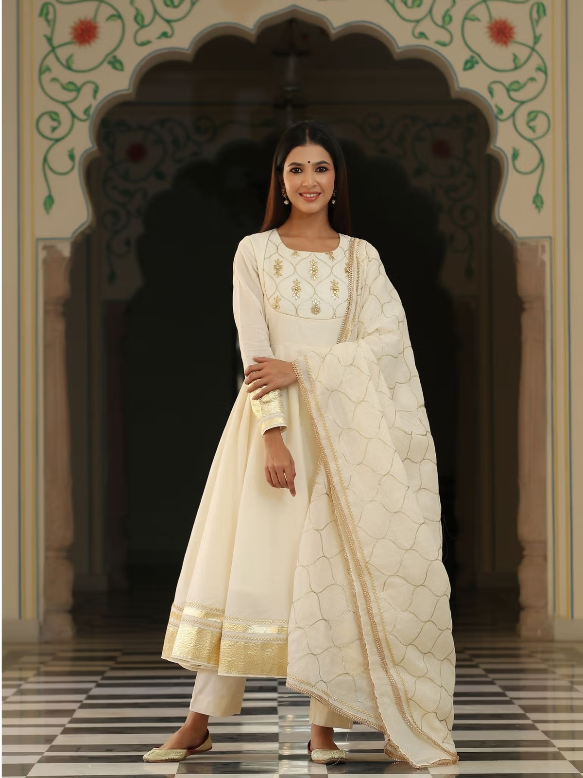 Aromie three piece kurtha in ivory cream with gold embroidery and matching dupatta and pants affordable kurti set Canada