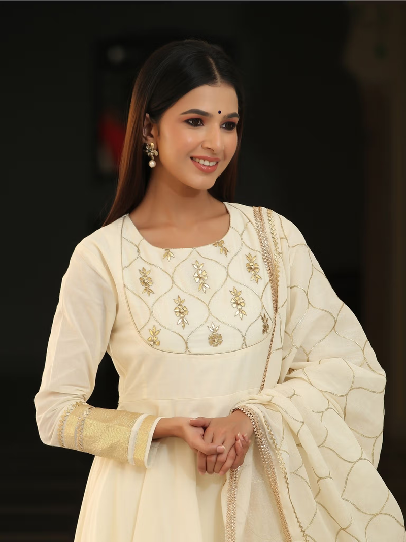 Aromie three piece kurtha cream embroidered kurta with dupatta and gold details affordable kurti set Canada