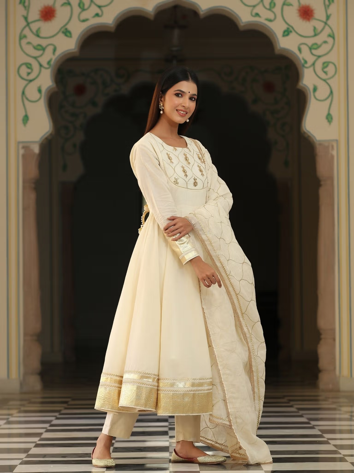 Aromie cream three piece kurtha with gold border and matching dupatta worn by model affordable kurti set Canada