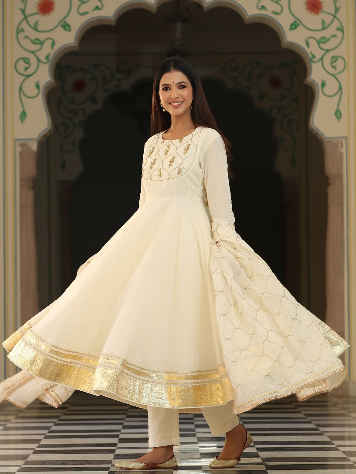 Aromie three piece Kurtha white flared anarkali kurta with gold trim matching dupatta and pants affordable kurti set Canada