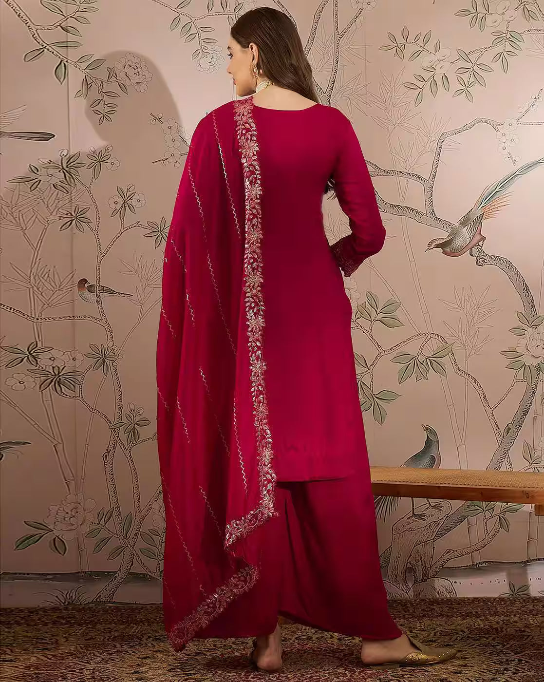 aromie three piece kurta in deep magenta shown from back on model for elegant white kurta set listing