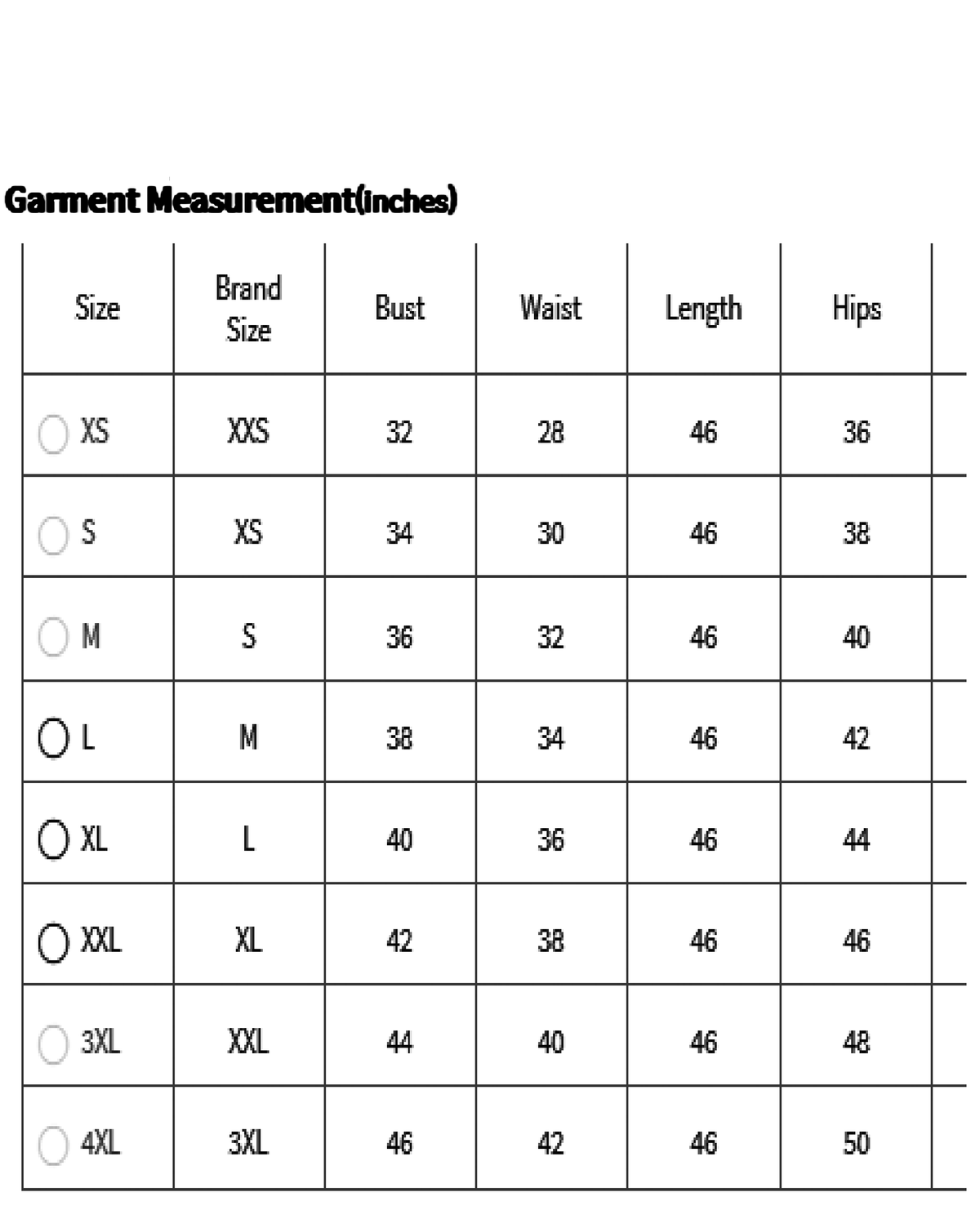 aromie three piece kurta garment measurement chart showing bust waist length and hips for multiple sizes elegant white kurta set