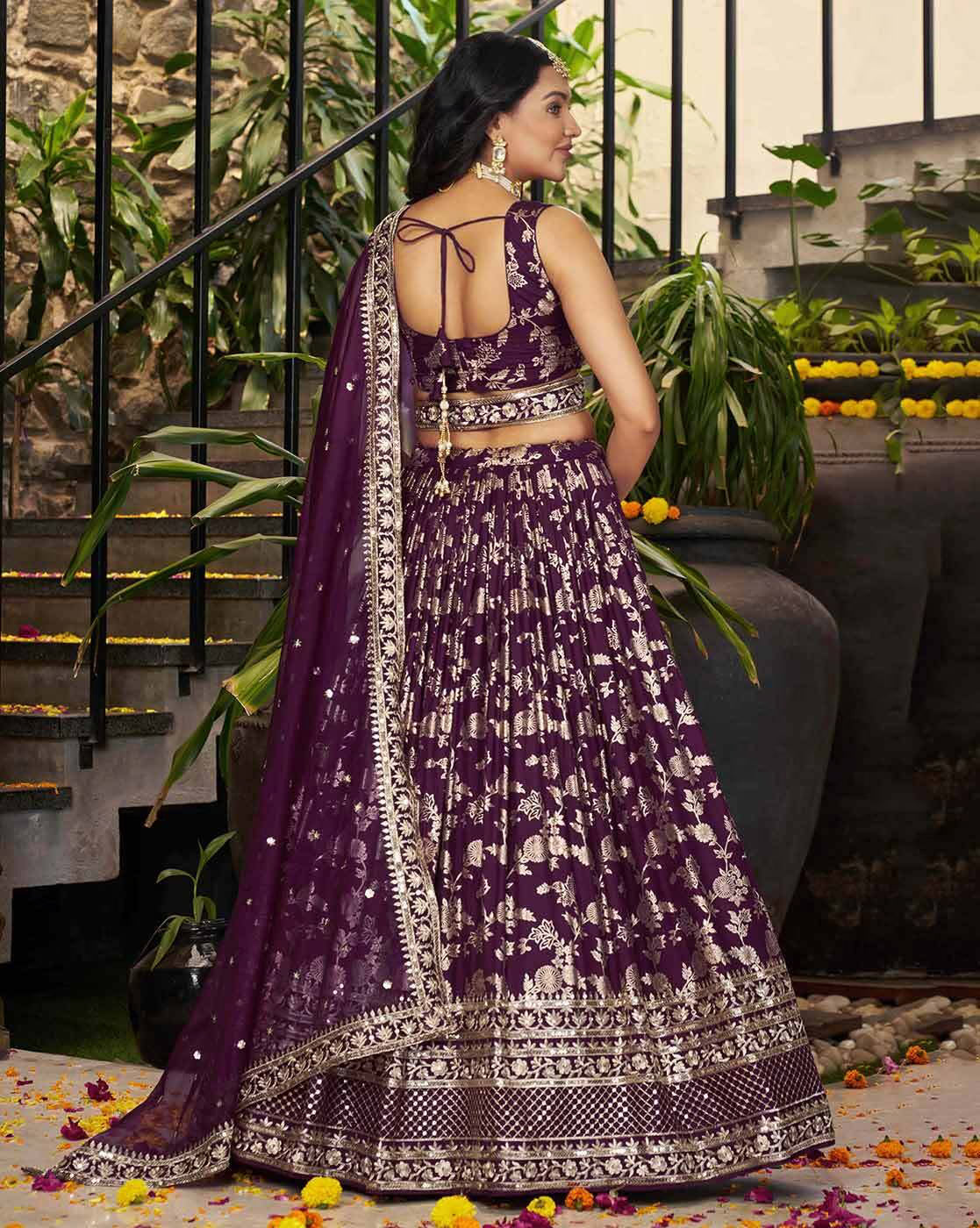 Deep purple embroidered lehenga choli set Canada with gold floral embroidery back tie blouse and heavy border dupatta