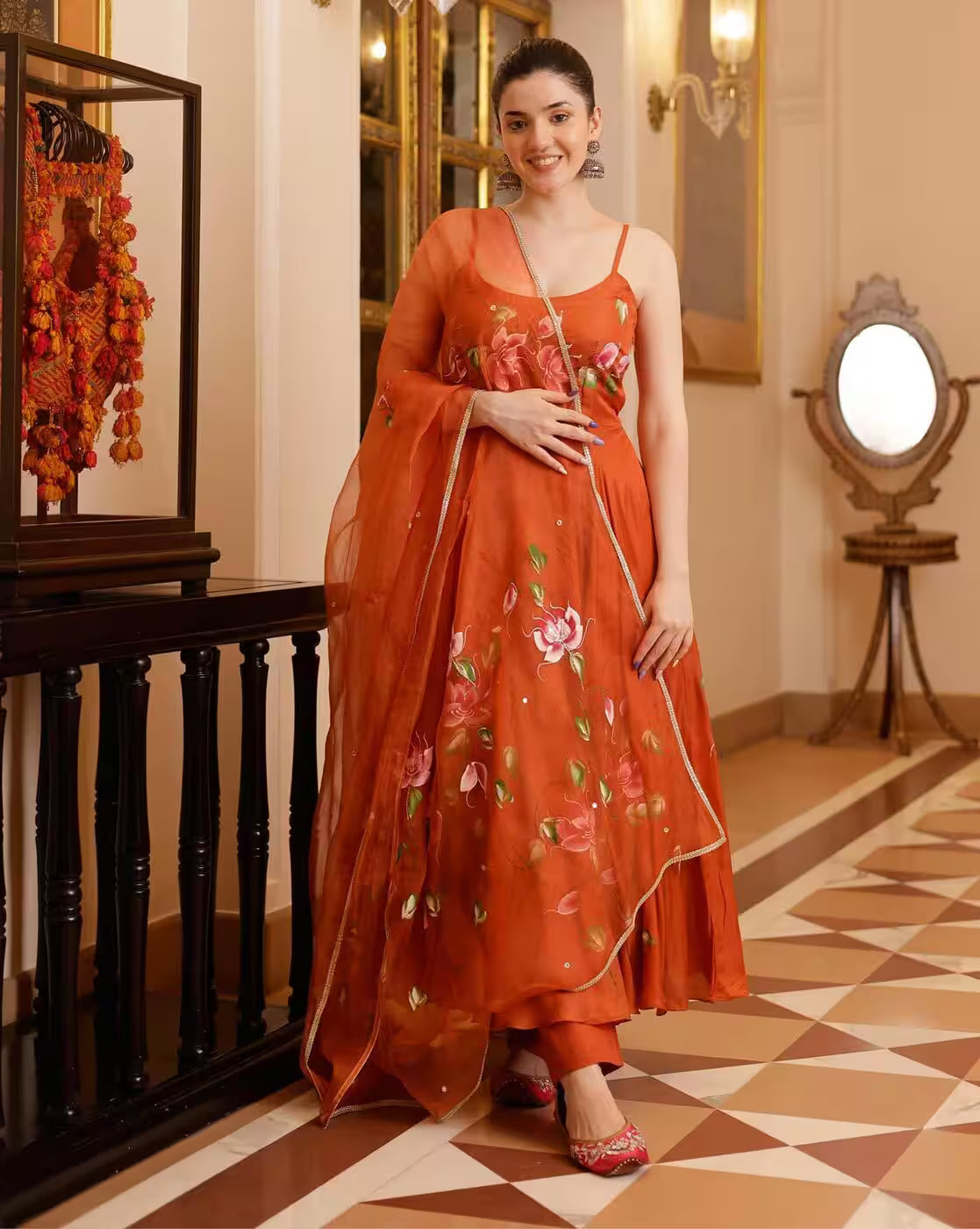 Aromie orange floral three piece kurta with dupatta and pants on model women printed kurta set Canada