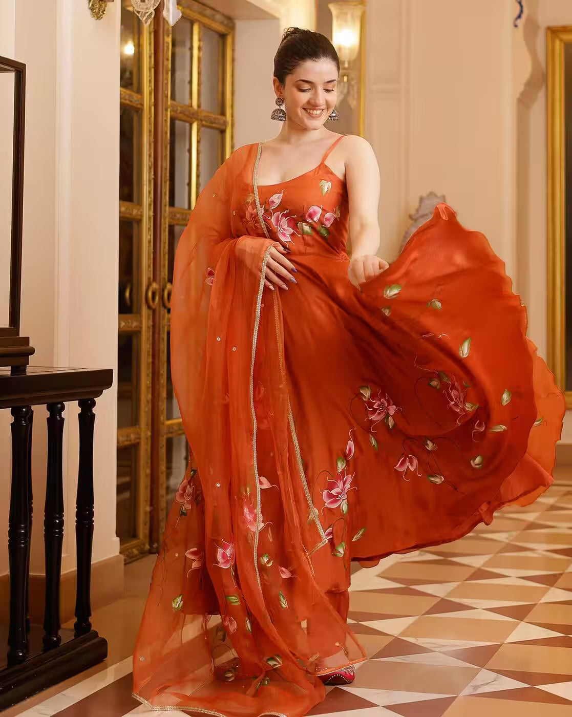 Aromie three piece orange floral women printed kurta set Canada with flowing dupatta and sleeveless kurta