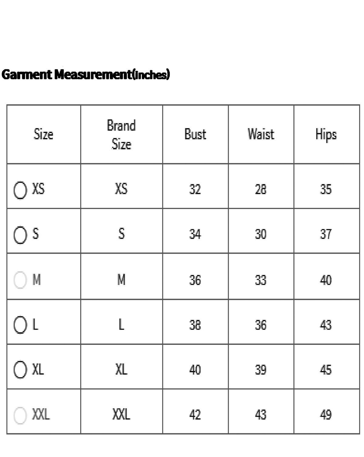 Aromie three piece Kurtha size chart showing bust waist hips for XS to XXL for women printed kurta set Canada