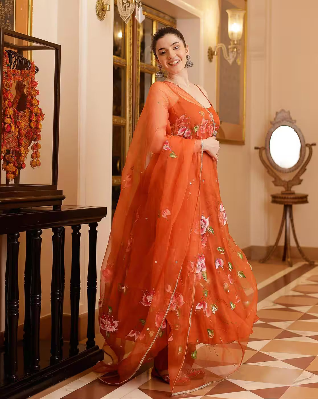 Aromie three piece orange floral kurtha with sheer dupatta and embroidered details women printed kurta set Canada