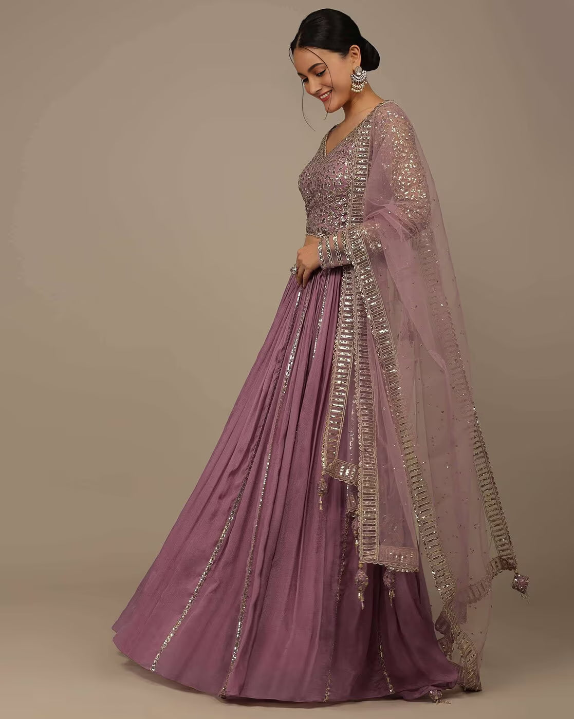 Mauve embellished lehenga choli set Canada featuring sequin blouse and sheer embellished dupatta on model for wedding
