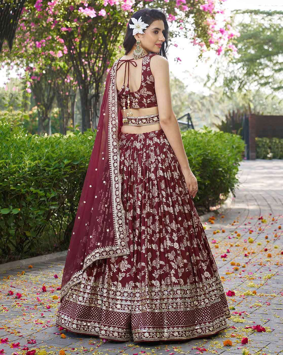 Maroon floral embroidered lehenga with matching choli and dupatta outdoor garden shot embroidered lehenga choli set Canada
