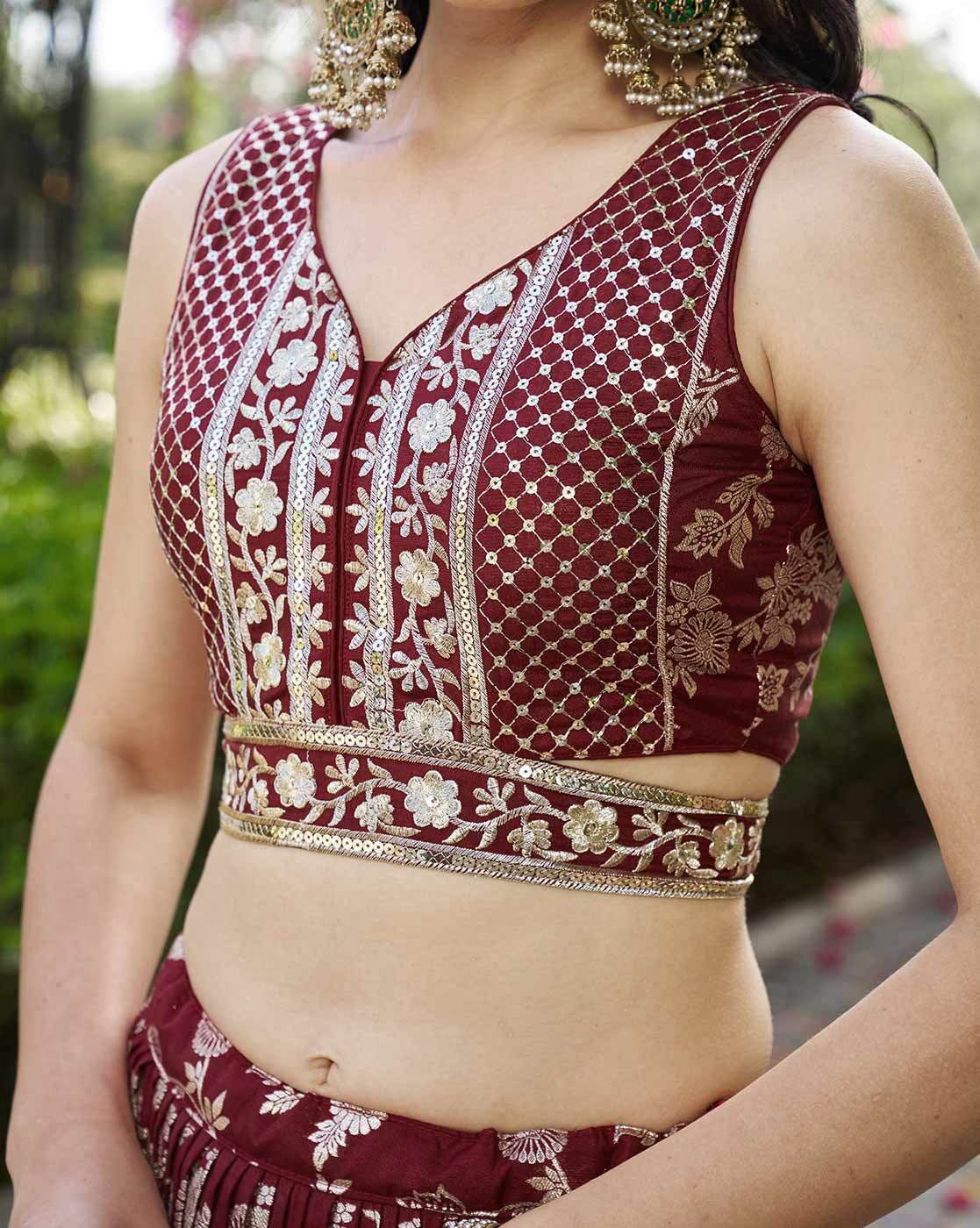 Maroon sleeveless embroidered lehenga choli set Canada with gold floral threadwork V neck blouse