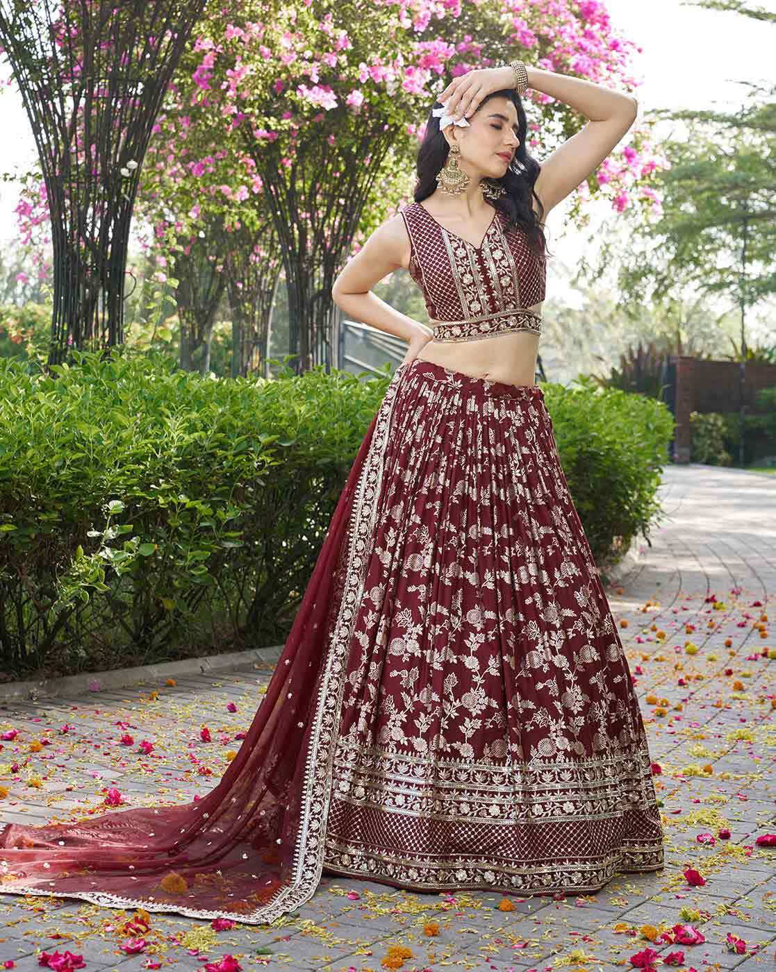 Maroon embroidered lehenga choli set Canada featuring silver floral embroidery crop blouse full skirt and dupatta
