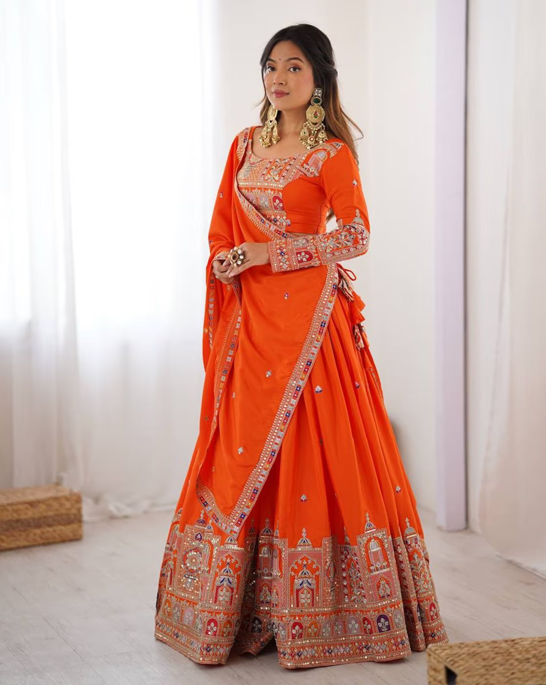 Orange embroidered lehenga choli set Canada with heavy mirror and threadwork bridal skirt and dupatta
