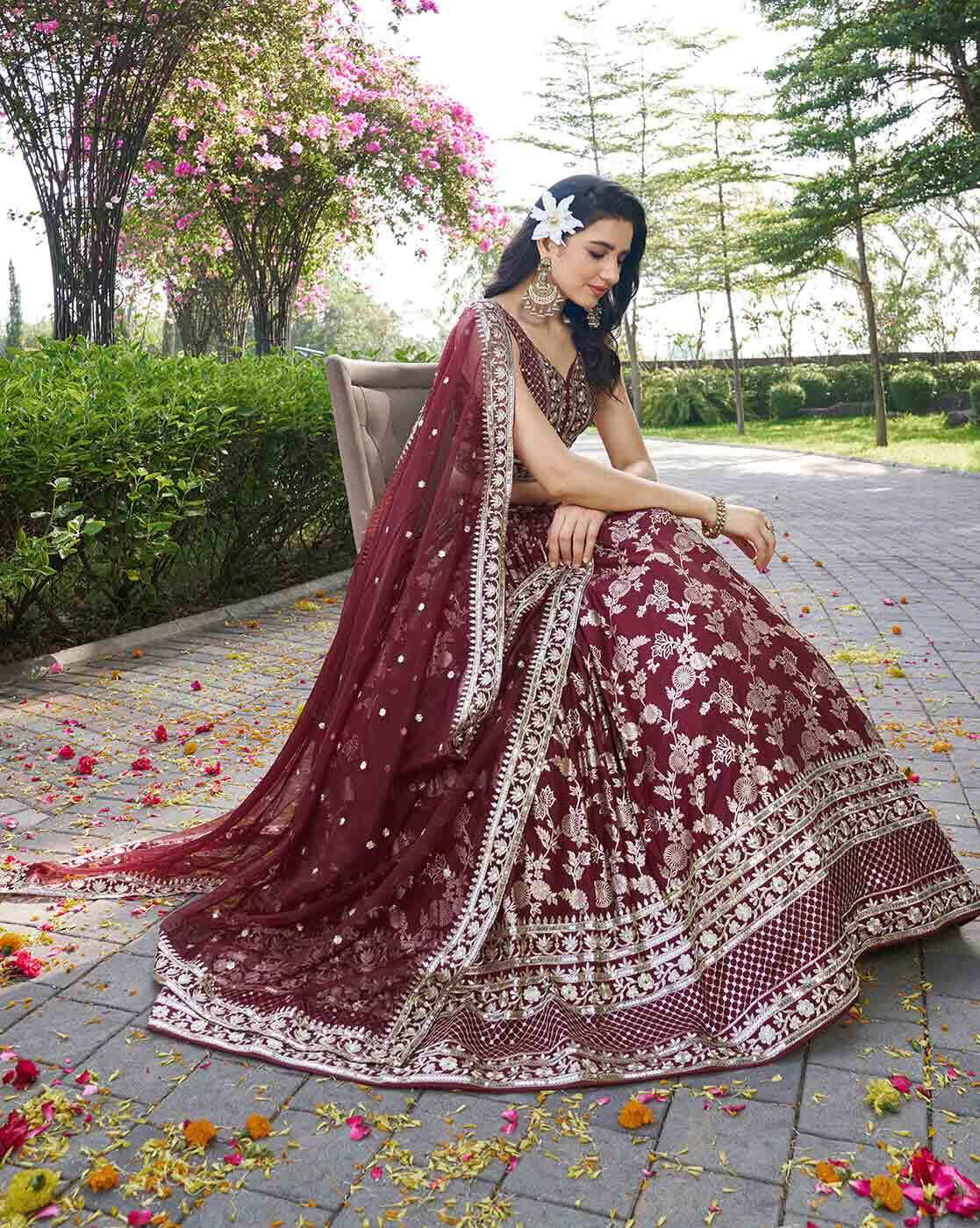 Maroon lehenga with intricate silver embroidery and net dupatta worn in garden embroidered lehenga choli set Canada